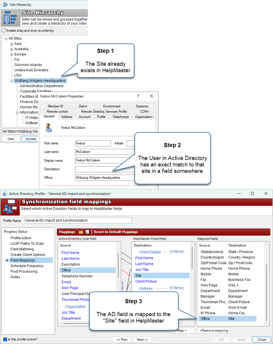 Map Active Directory Organization to HelpMaster Site