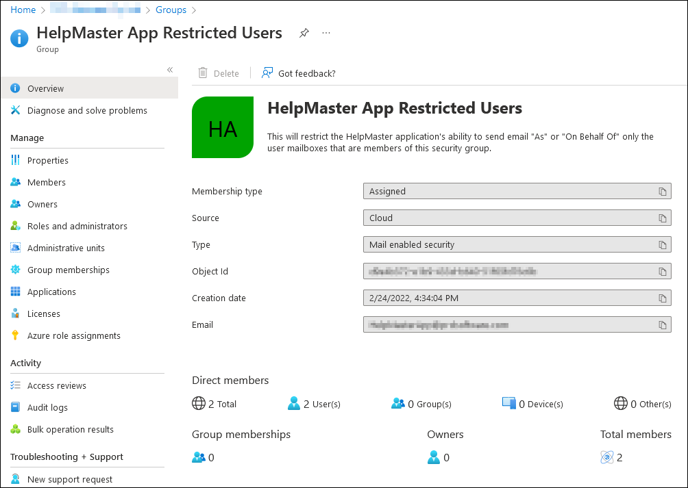 HelpMaster app restricted users group