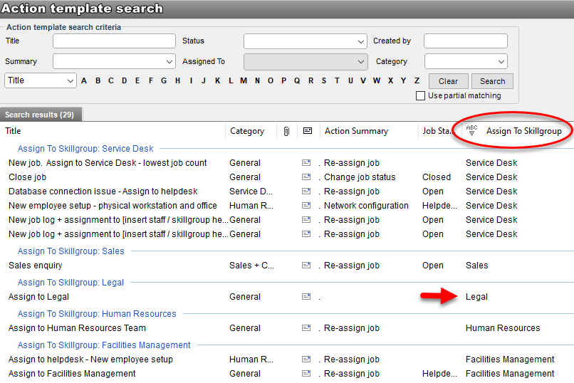 Action template assignment