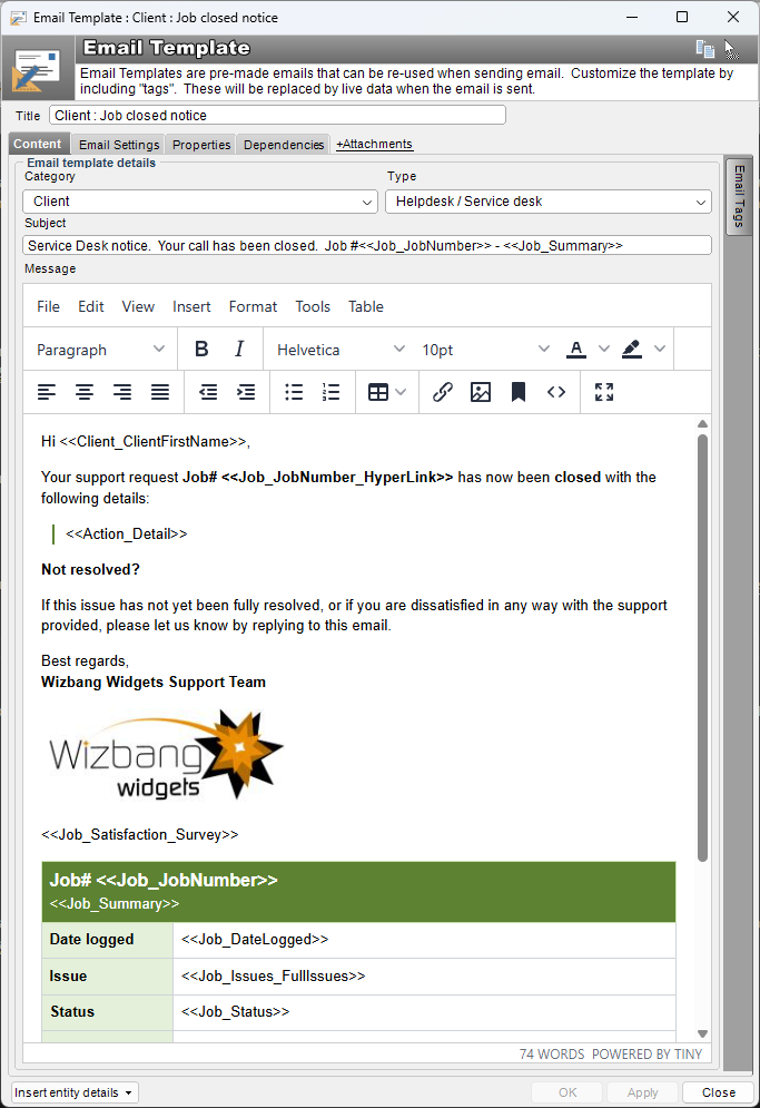 Resolve and close service ticket email notification
