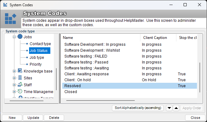 Service desk ticket status code