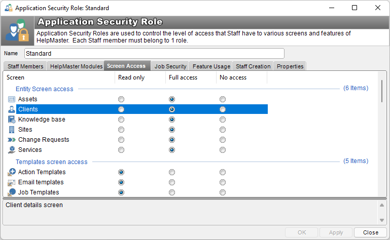 Application Security Role Screen Access