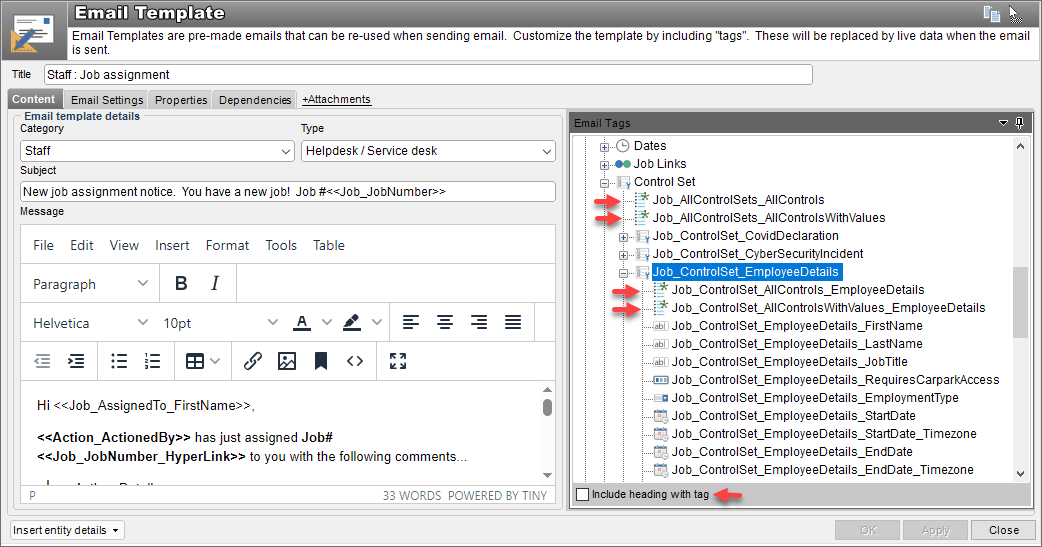 Control Set All Email Template Tags