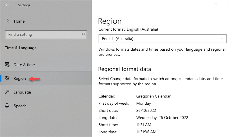 Windows Region Formatting