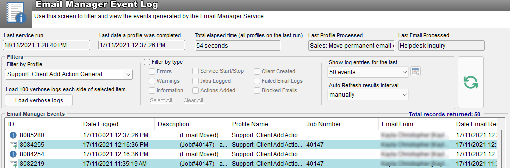 Email Manager Event Log