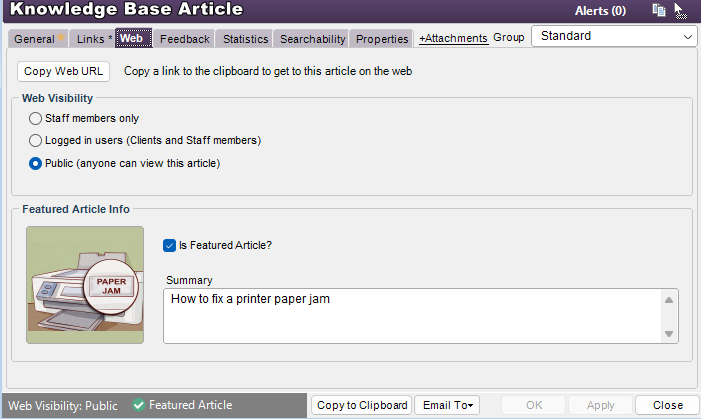 Featured knowledge base article for web portal
