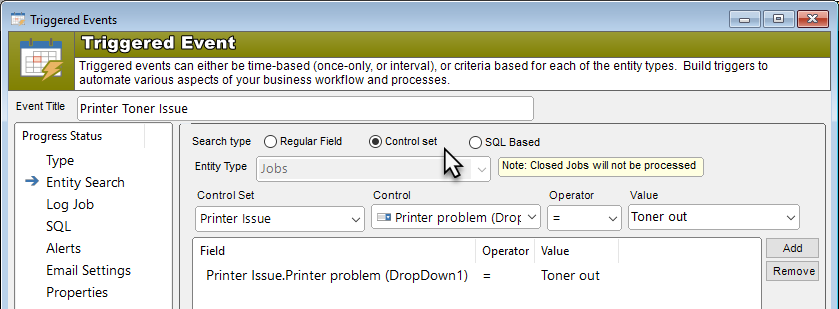 triggered event control set query