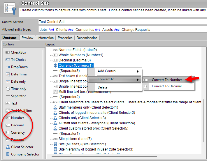 Control Set convert number fields