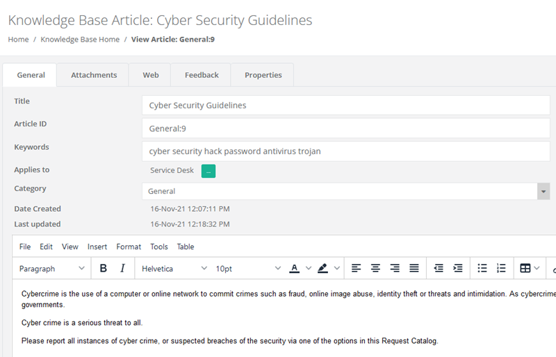 Knowledge base article creation and editing