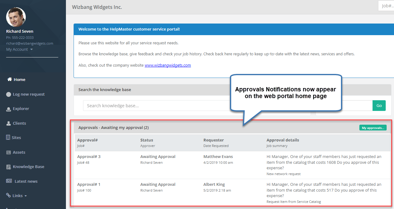 Approvals notification panel on home page of web portal