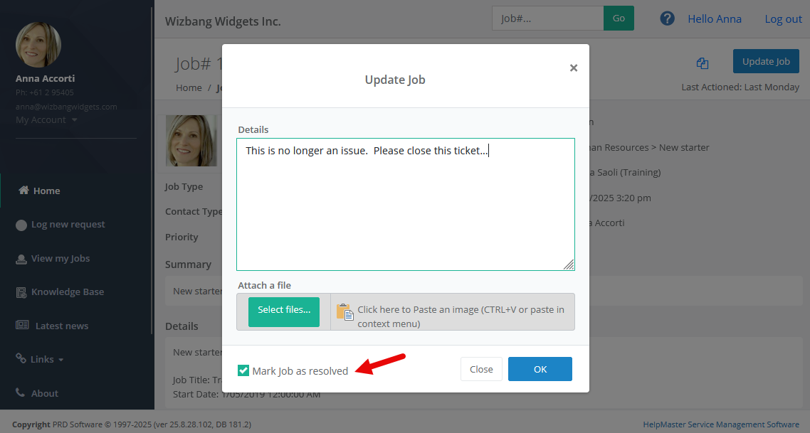 Mark helpdesk ticket as resolved