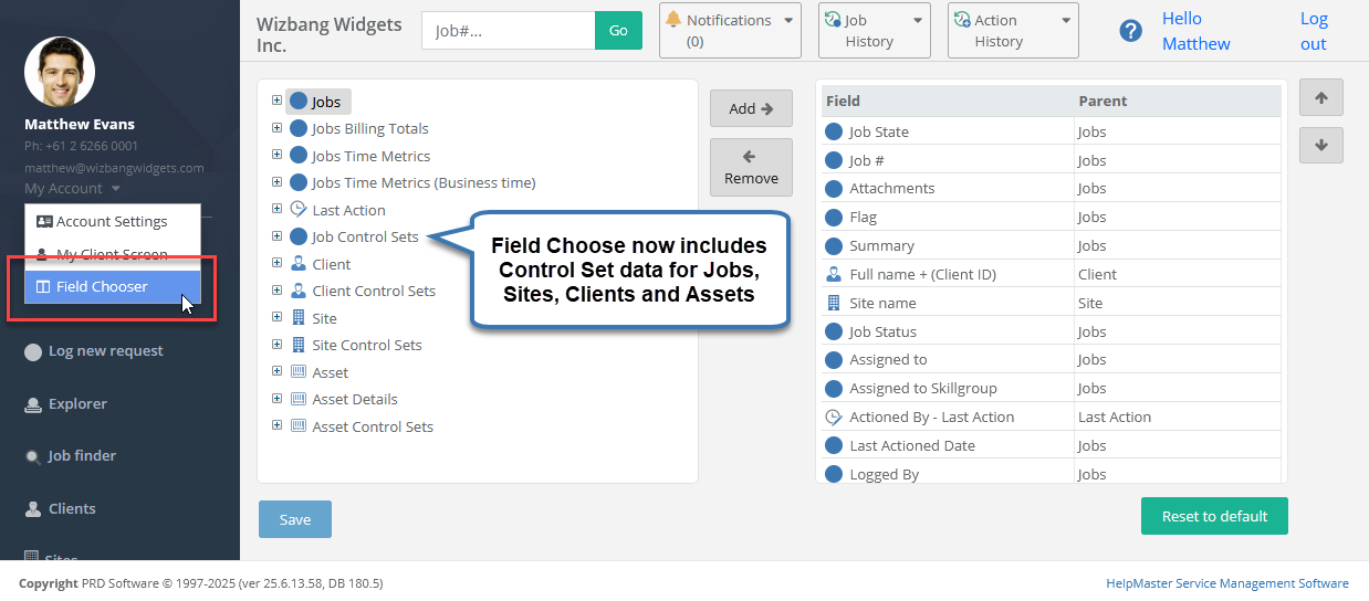 Web Portal Job Field Chooser