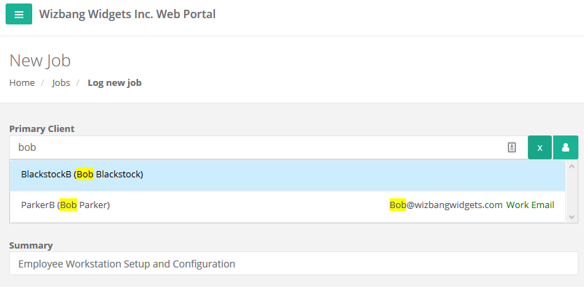 web portal select client for new job