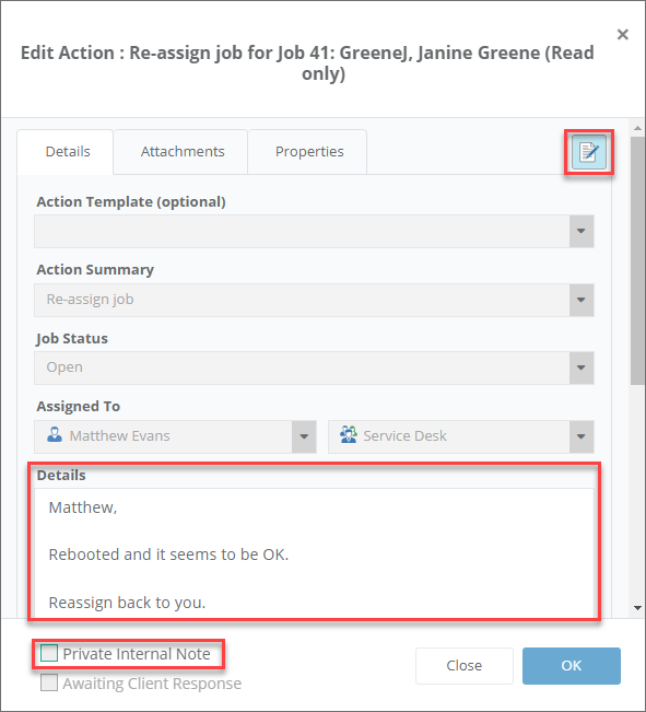 Edit Closed Job Action