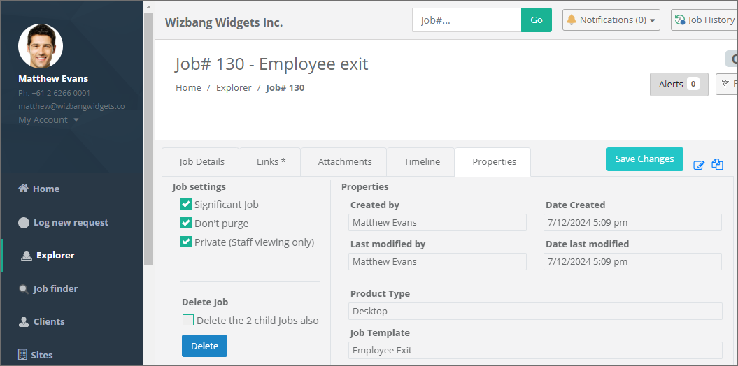 Job Properties Tab Staff Web