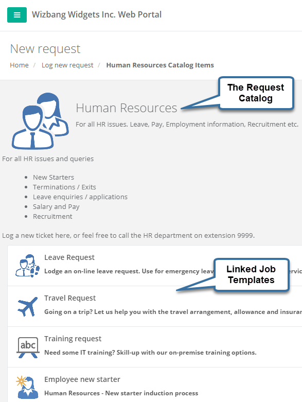 Job templates for web request catalogs