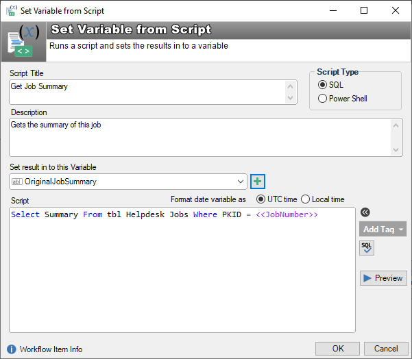 workflow set variable from database script